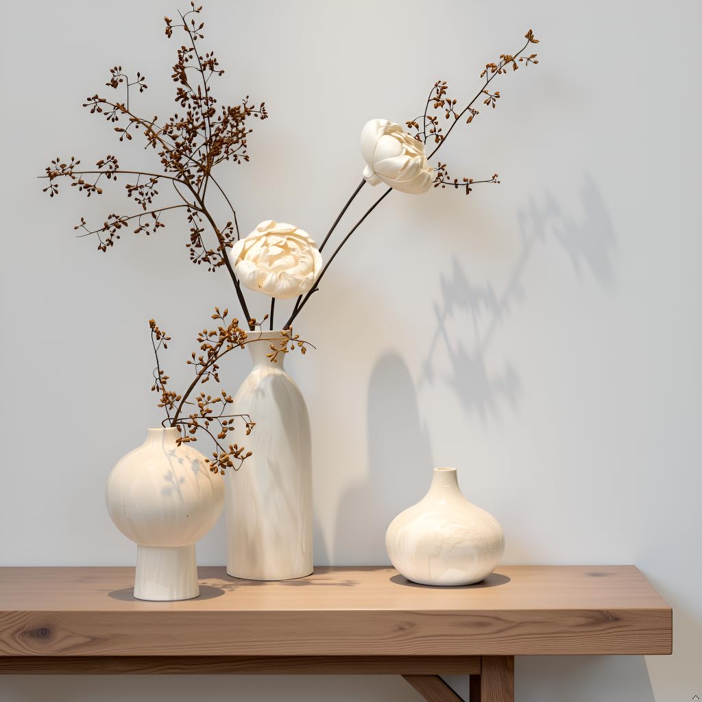 SincereLuxe Ceramic Vase Set of 3 – White & Beige, Stone-Look Texture