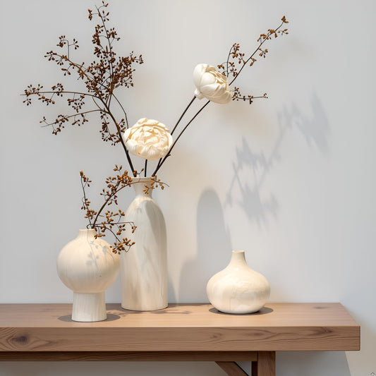 SincereLuxe Ceramic Vase Set of 3 – White & Beige, Stone-Look Texture