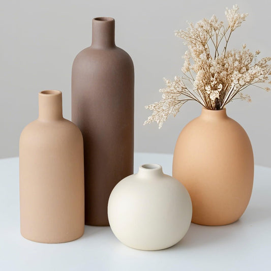 Modern Ceramic Vase Set of 4 – Neutral Colors, Coffee Mix