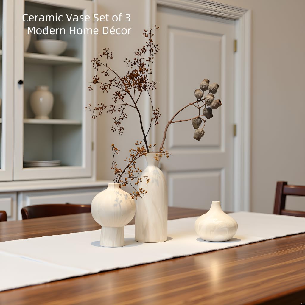 SincereLuxe Ceramic Vase Set of 3 – White & Beige, Stone-Look Texture