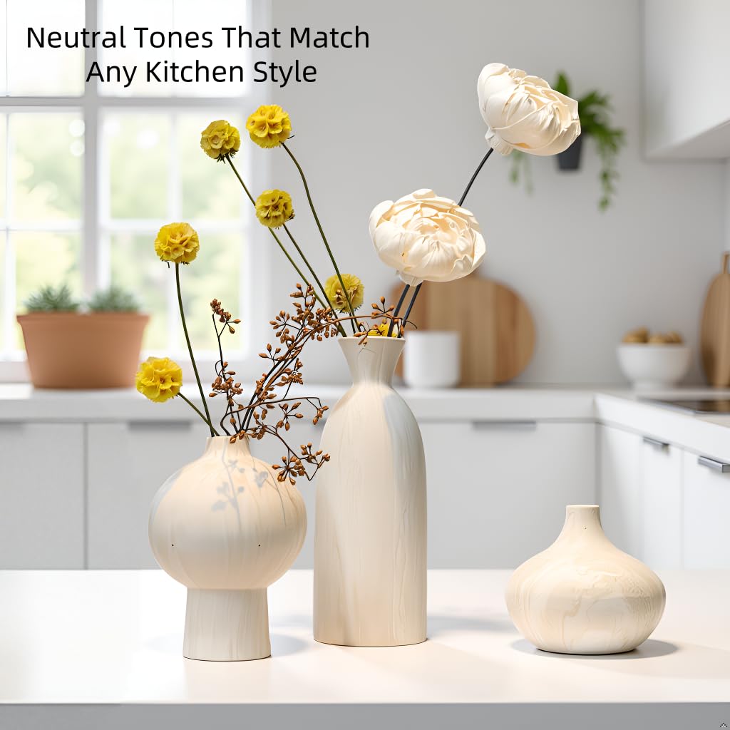 SincereLuxe Ceramic Vase Set of 3 – White & Beige, Stone-Look Texture