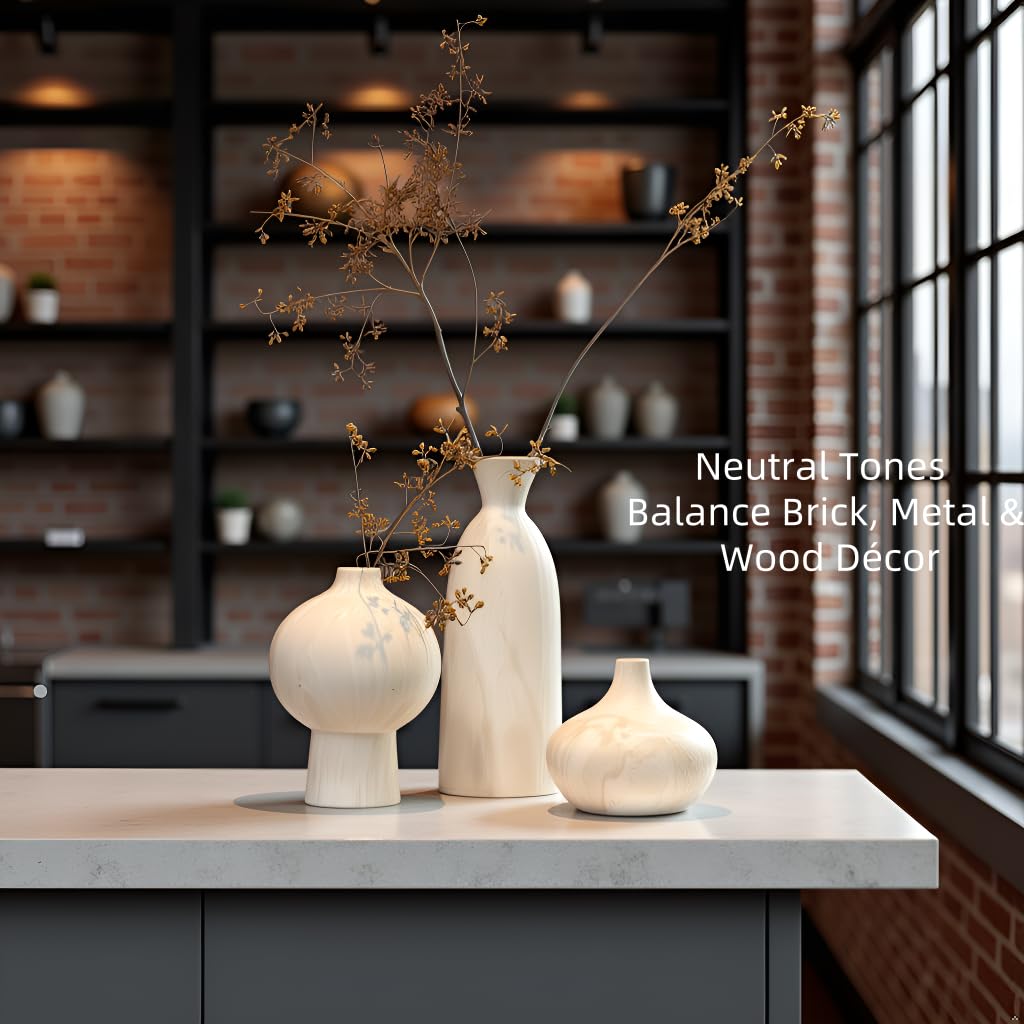 SincereLuxe Ceramic Vase Set of 3 – White & Beige, Stone-Look Texture