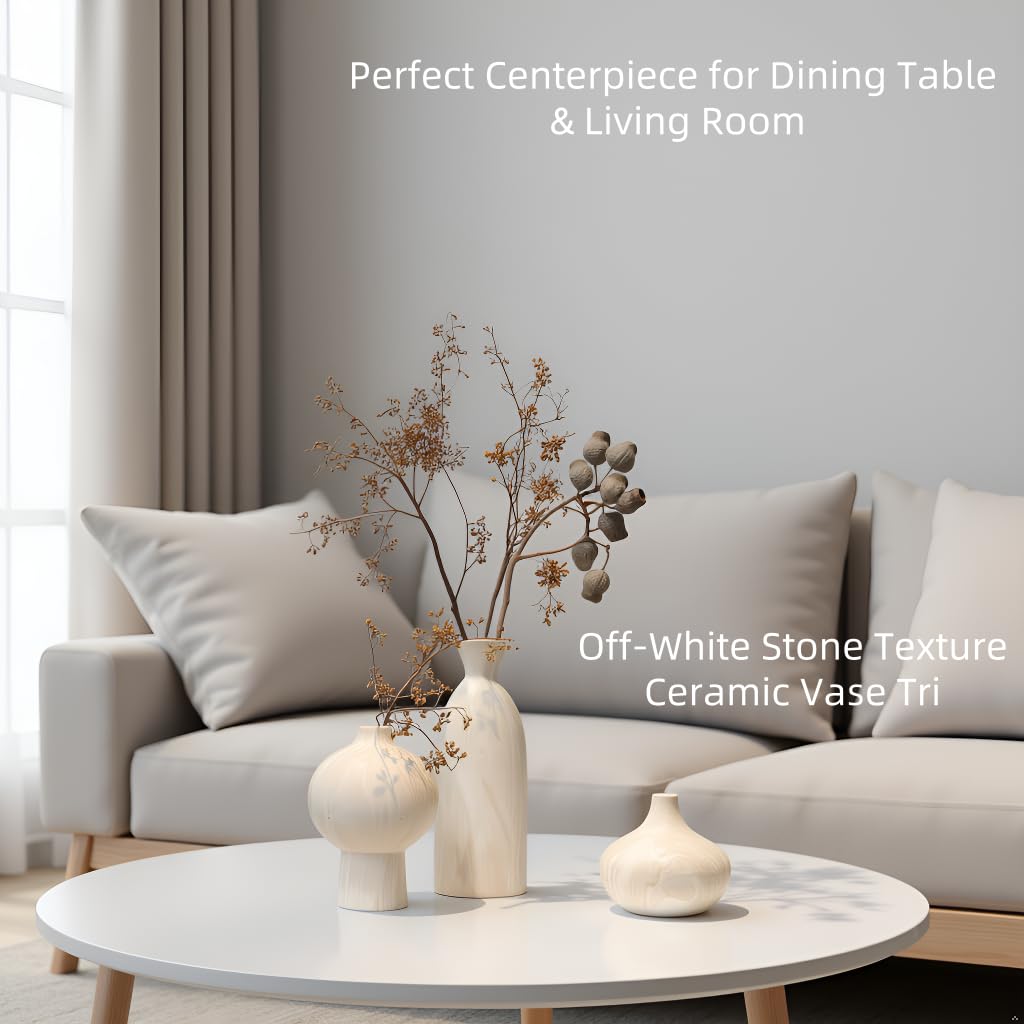 SincereLuxe Ceramic Vase Set of 3 – White & Beige, Stone-Look Texture