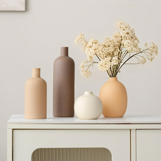 Modern Ceramic Vase Set of 4 – Neutral Colors, Coffee Mix