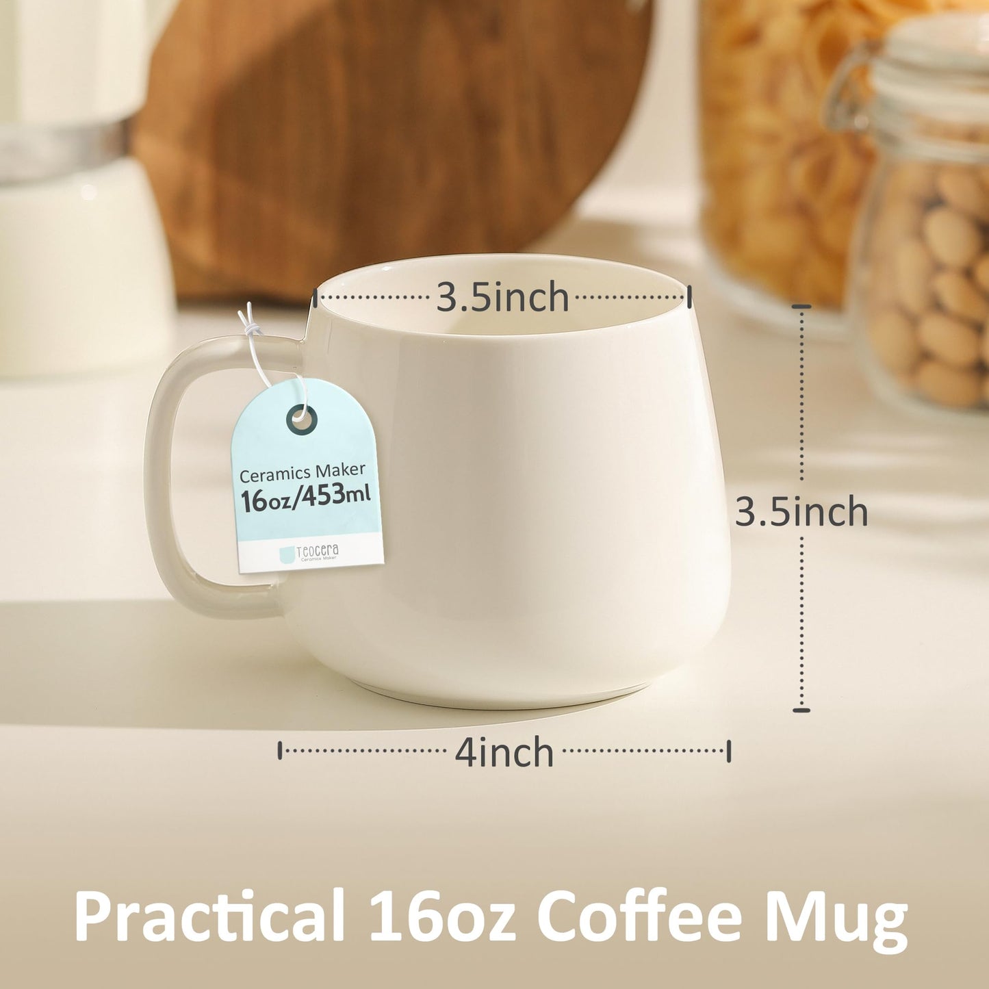 Teocera 16oz Stackable Ceramic Coffee Mugs – Set of 4, White