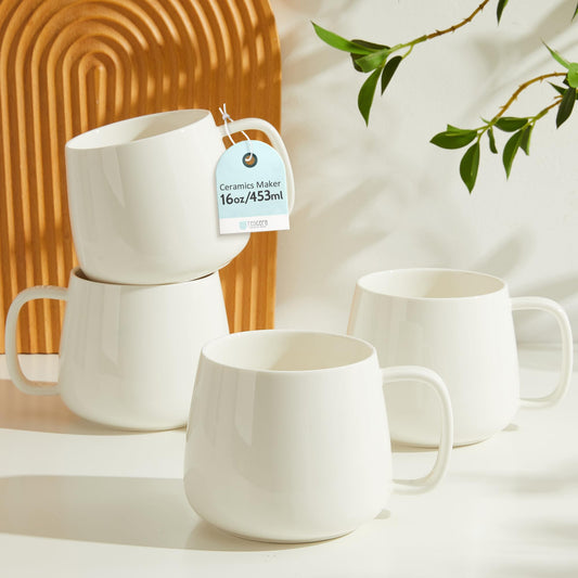 Teocera 16oz Stackable Ceramic Coffee Mugs – Set of 4, White