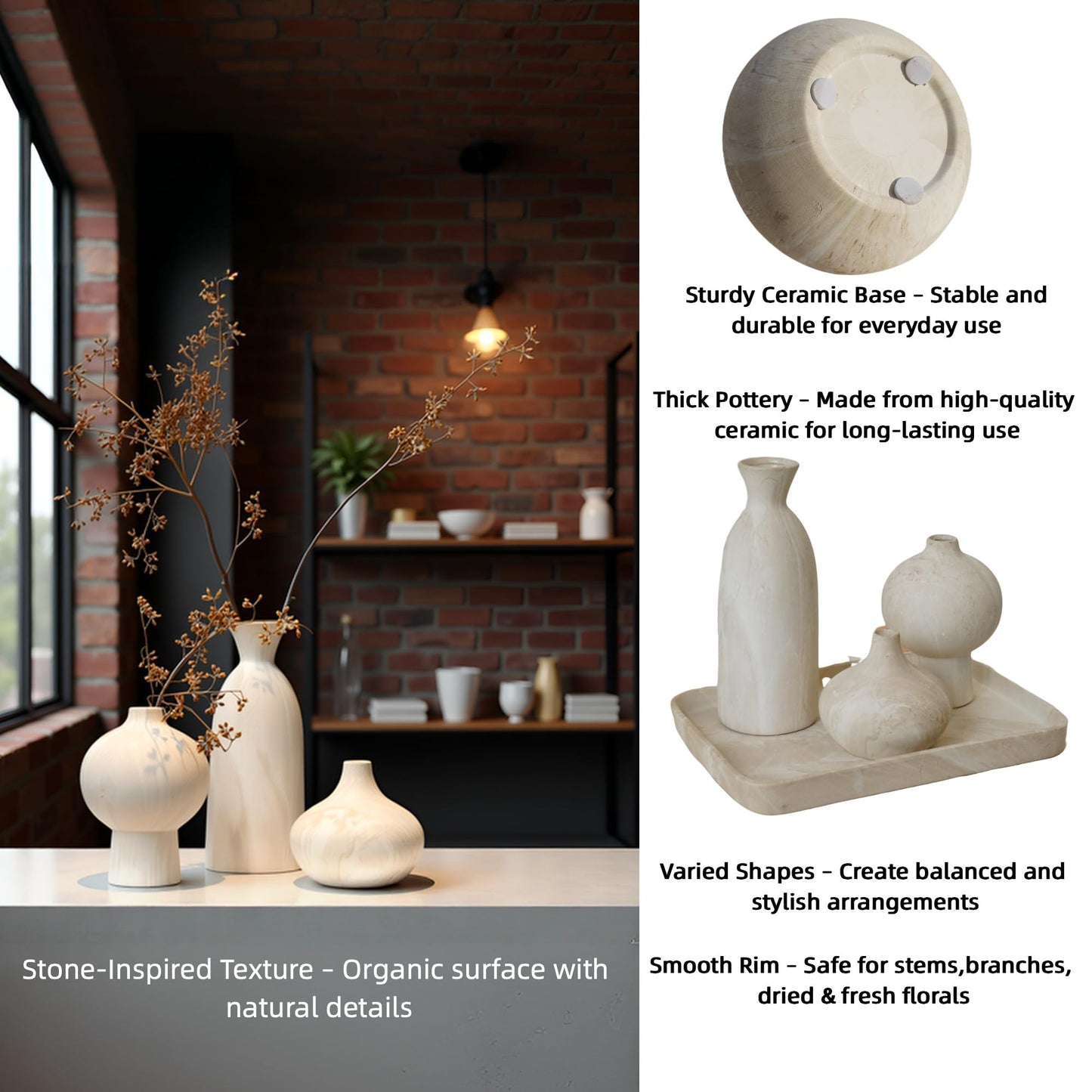 SincereLuxe Ceramic Vase Set of 3 – White & Beige, Stone-Look Texture