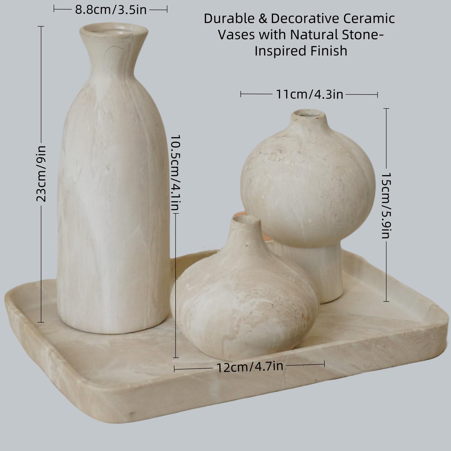 SincereLuxe Ceramic Vase Set of 3 – White & Beige, Stone-Look Texture