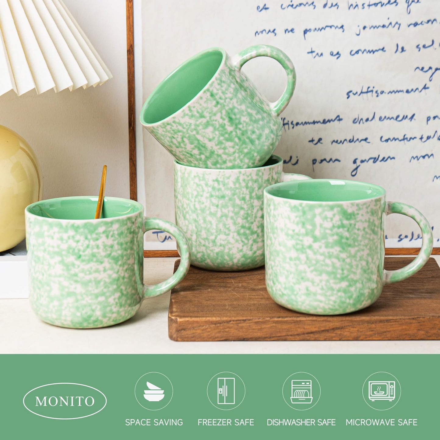 MONITO 12oz Ceramic Coffee Mugs – Set of 4, Green