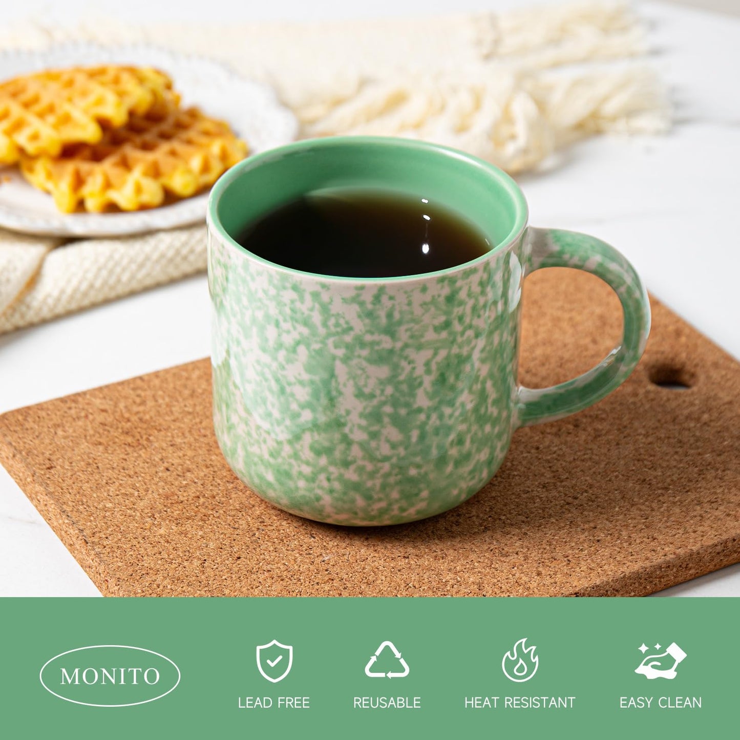 MONITO 12oz Ceramic Coffee Mugs – Set of 4, Green