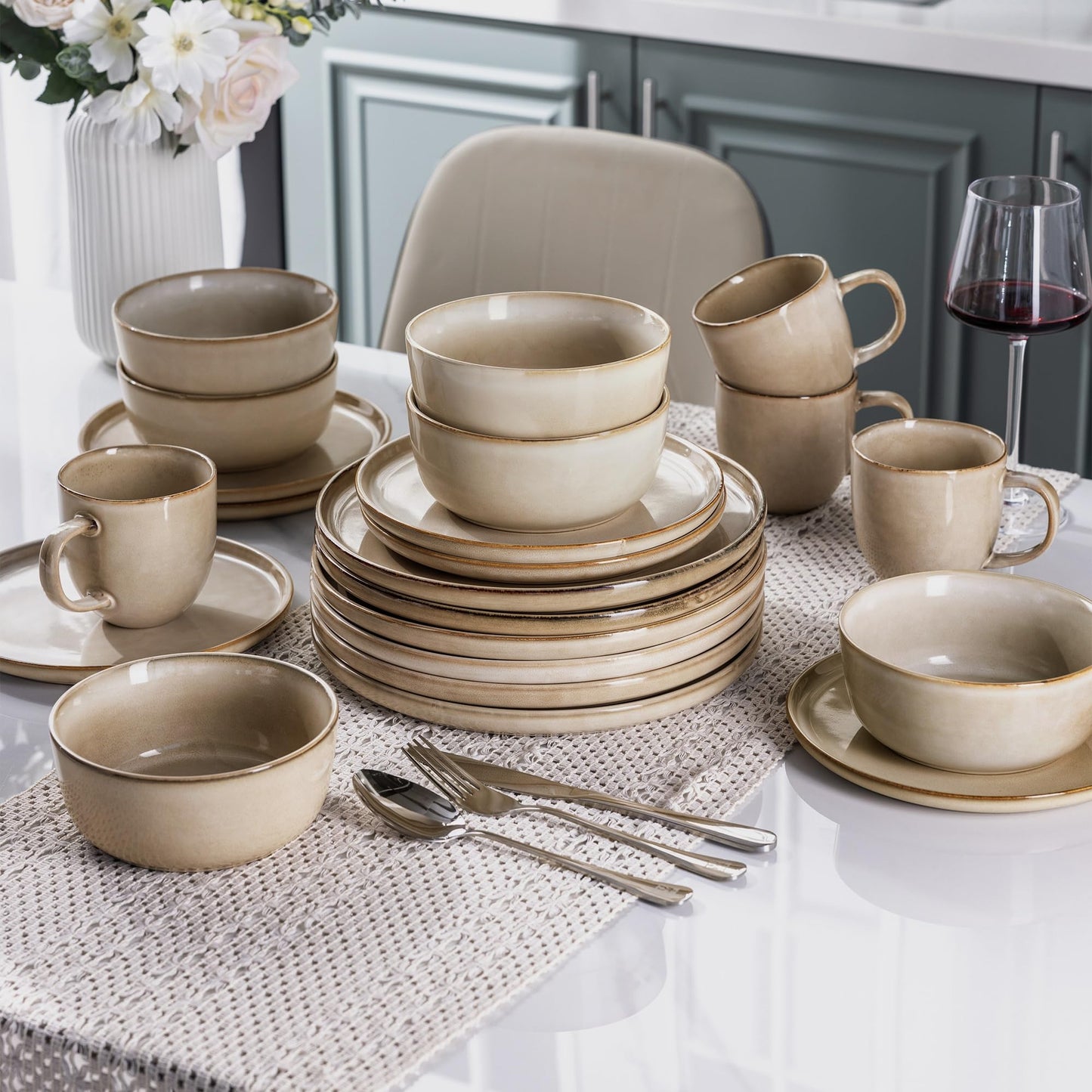 AmorArc Stoneware Dinnerware Set – Reactive Glaze, Service for 8
