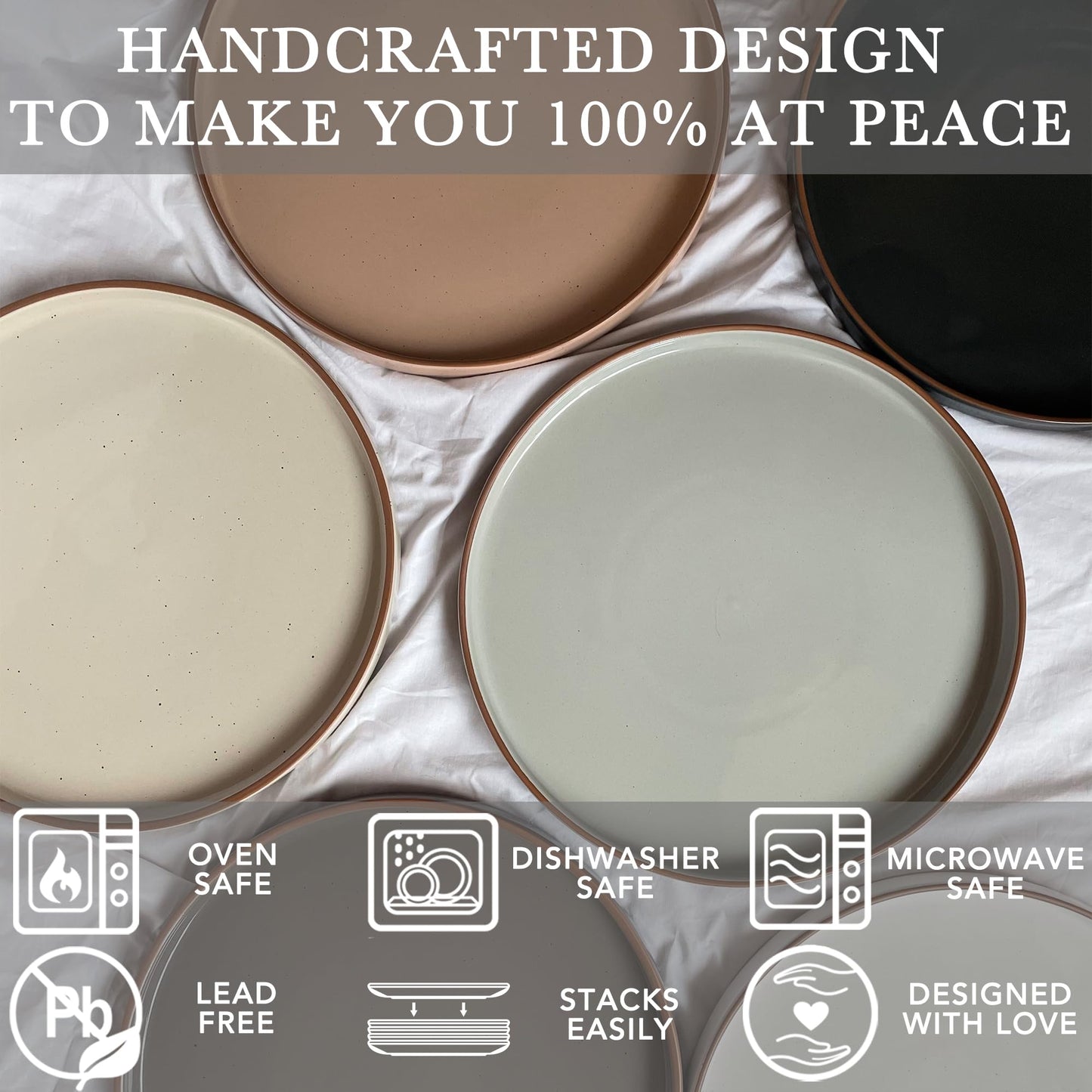 MORA Ceramic Flat Plates – Set of 6, 8 Inch, Neutral Colors
