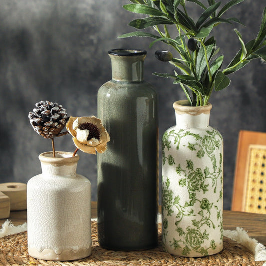 Vintage Ceramic Flower Vase Set of 3 – Chinoiserie, Green & Beige