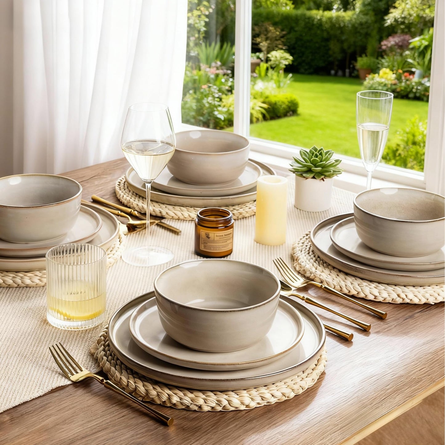 AmorArc Stoneware Dinnerware Set – Reactive Glaze, Service for 8