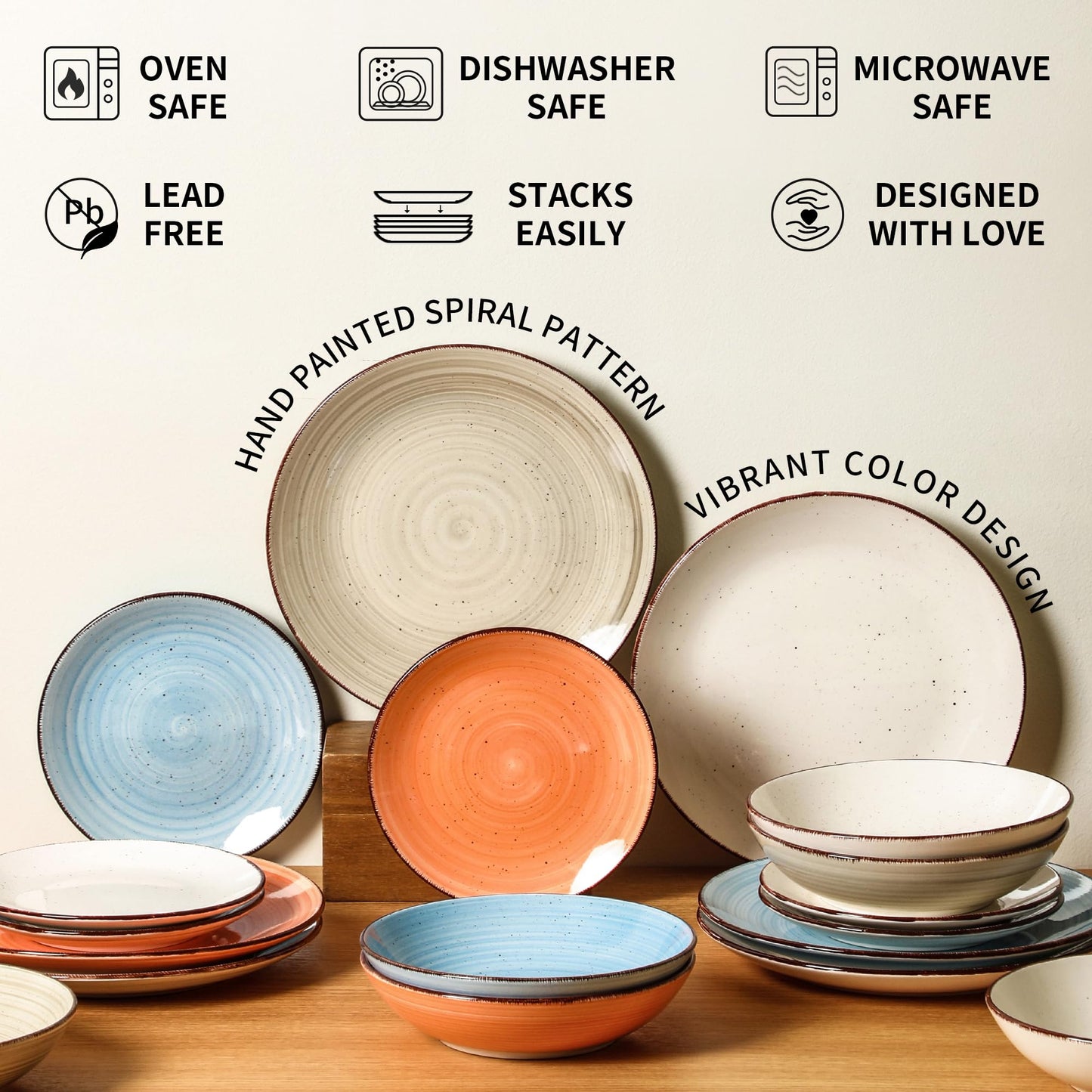 TootieWare Ceramic Dinner Plates – Set of 6, 10.5 Inch, Blue