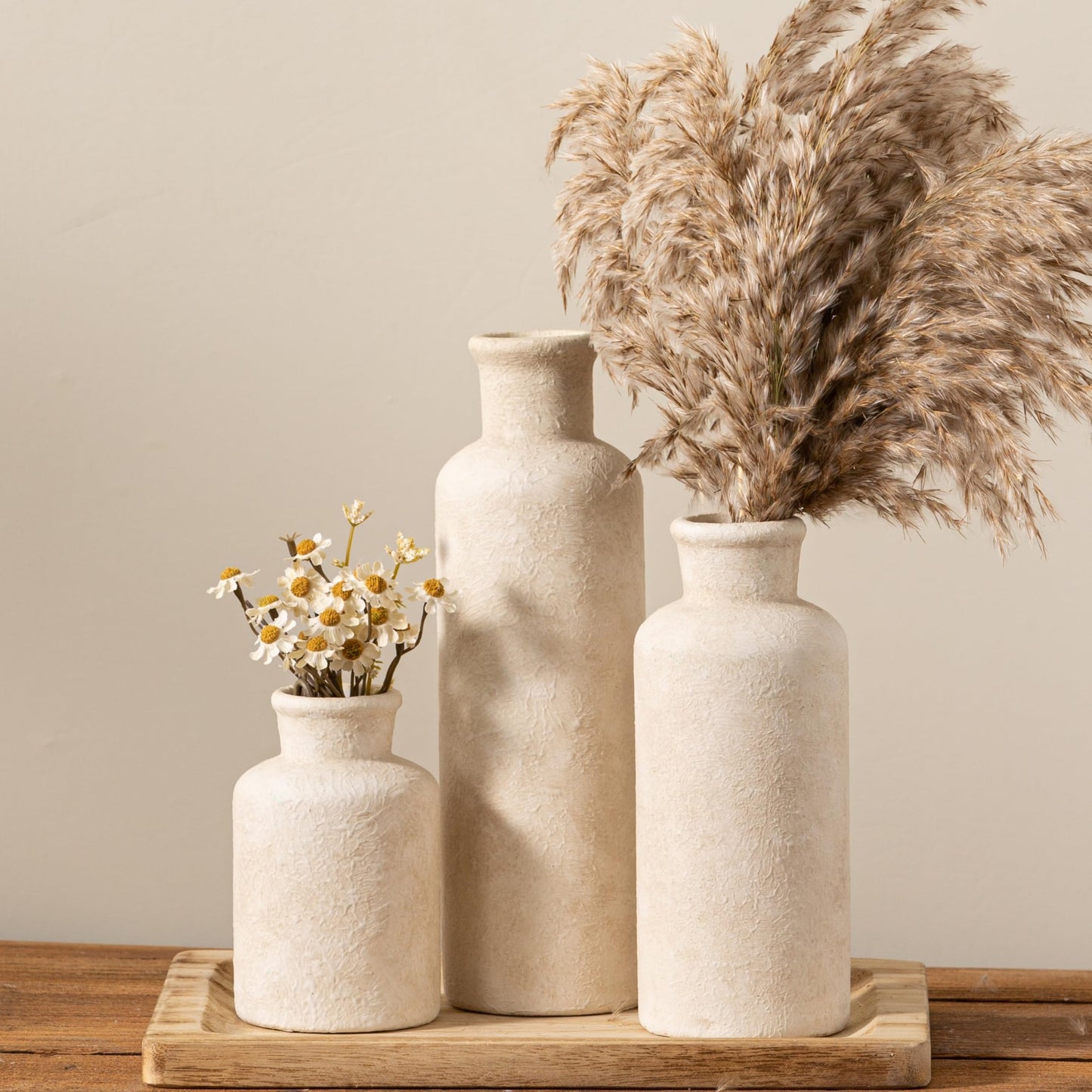 Ceramic Vases Set of 3 – Whitewashed Neutral, Farmhouse Decor