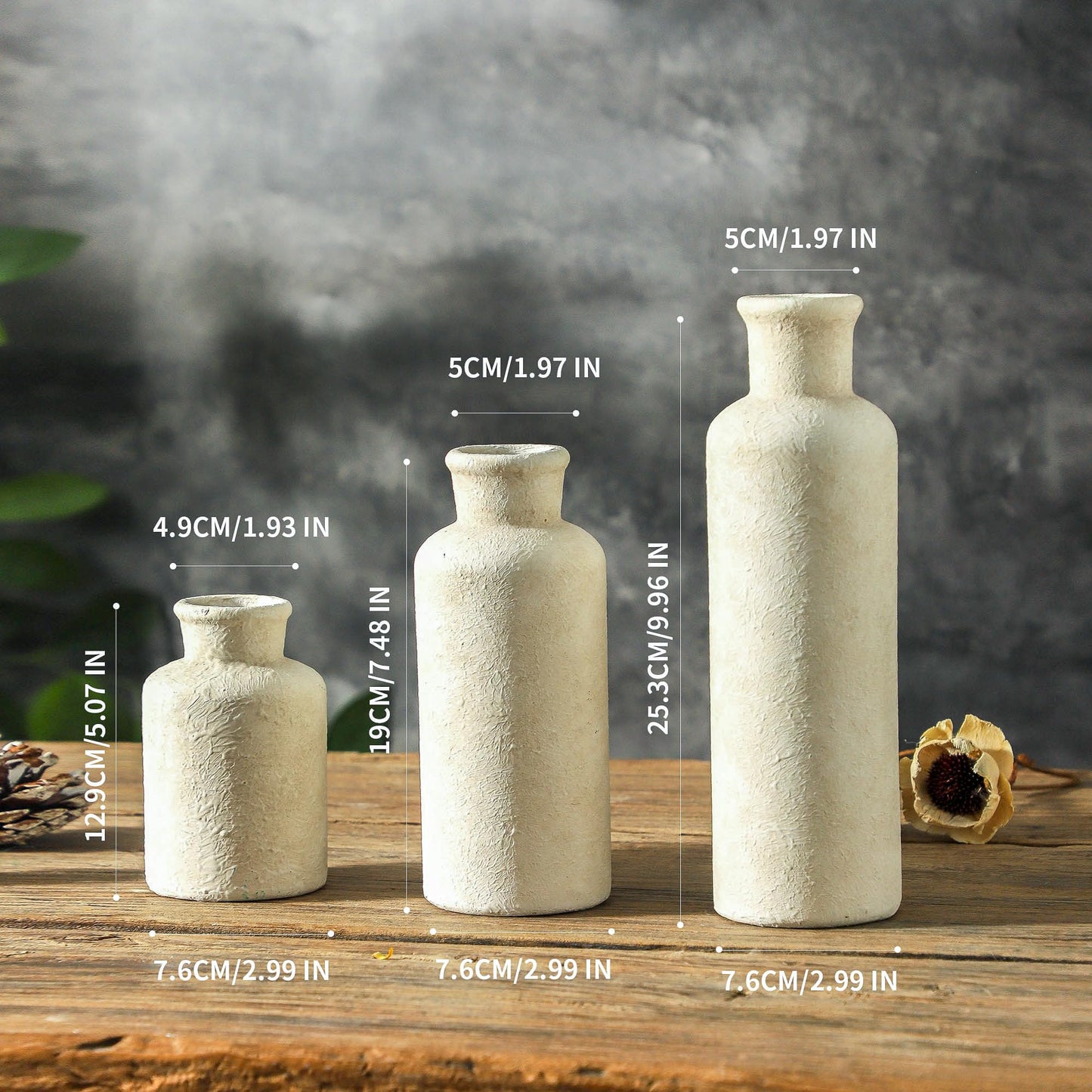 Ceramic Vases Set of 3 – Whitewashed Neutral, Farmhouse Decor