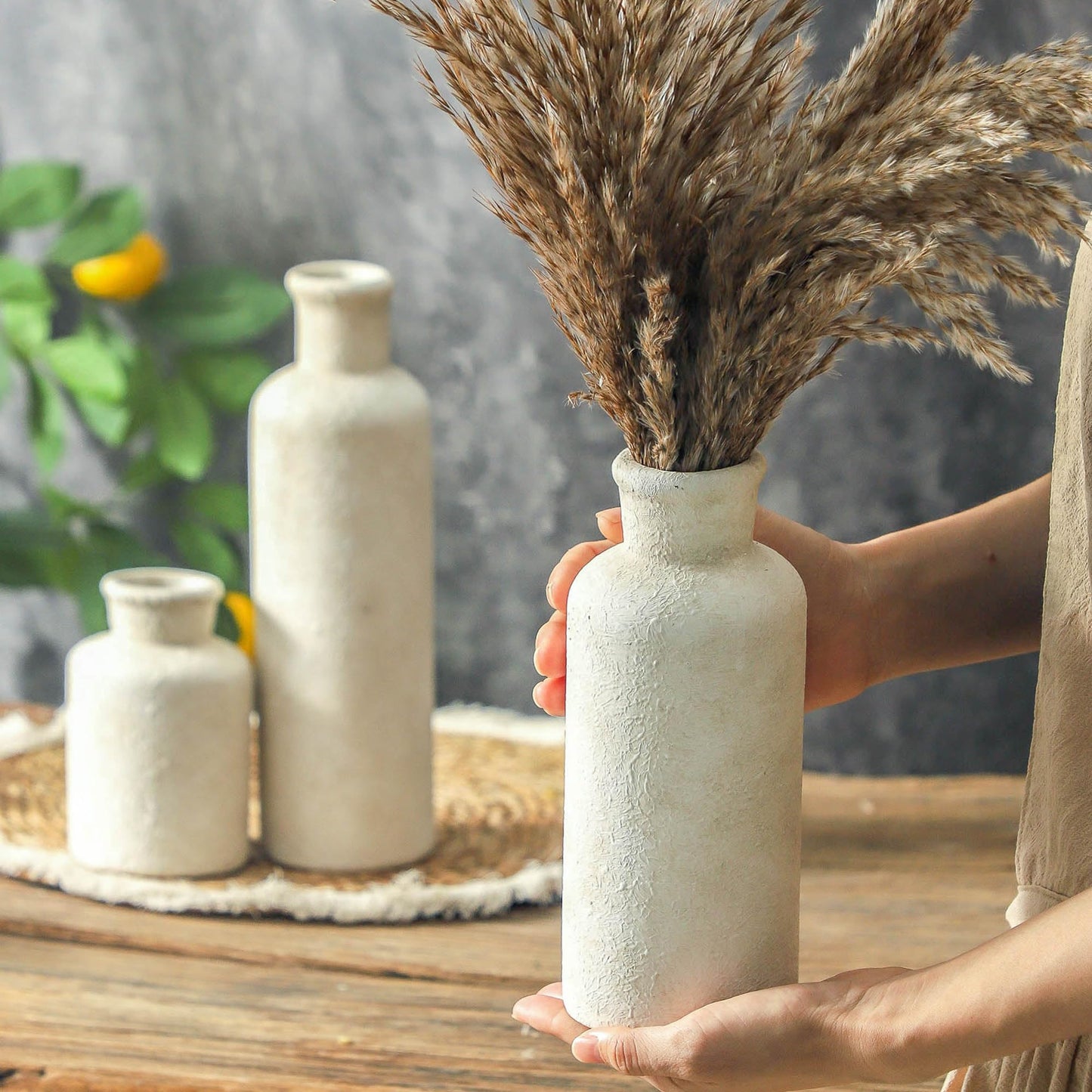 Ceramic Vases Set of 3 – Whitewashed Neutral, Farmhouse Decor