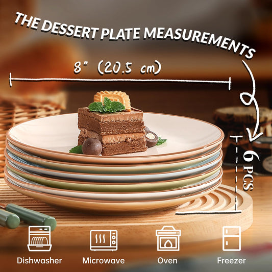 Colorful Ceramic Dessert Plates – Set of 6, 8 Inch, Assorted Colors