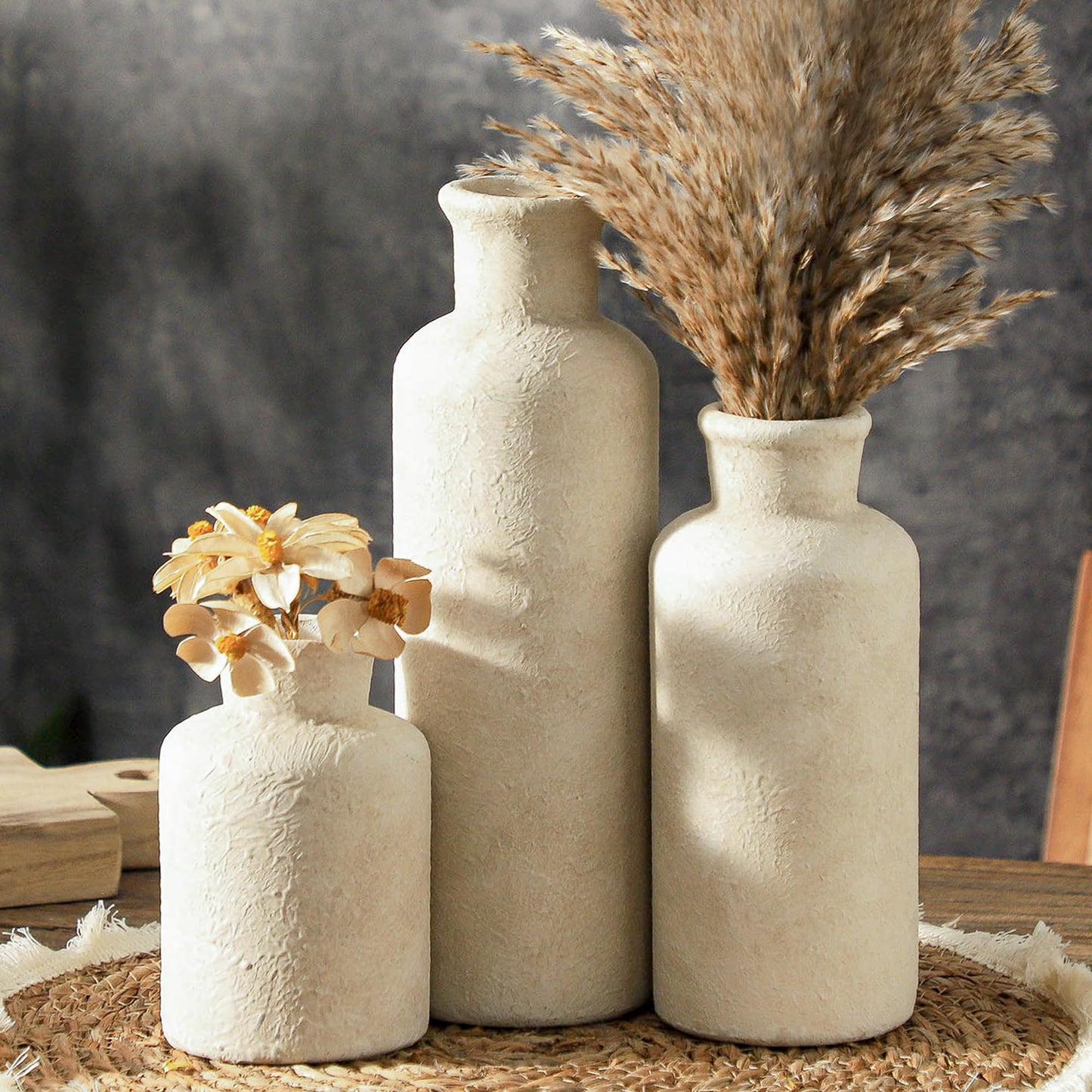 Ceramic Vases Set of 3 – Whitewashed Neutral, Farmhouse Decor