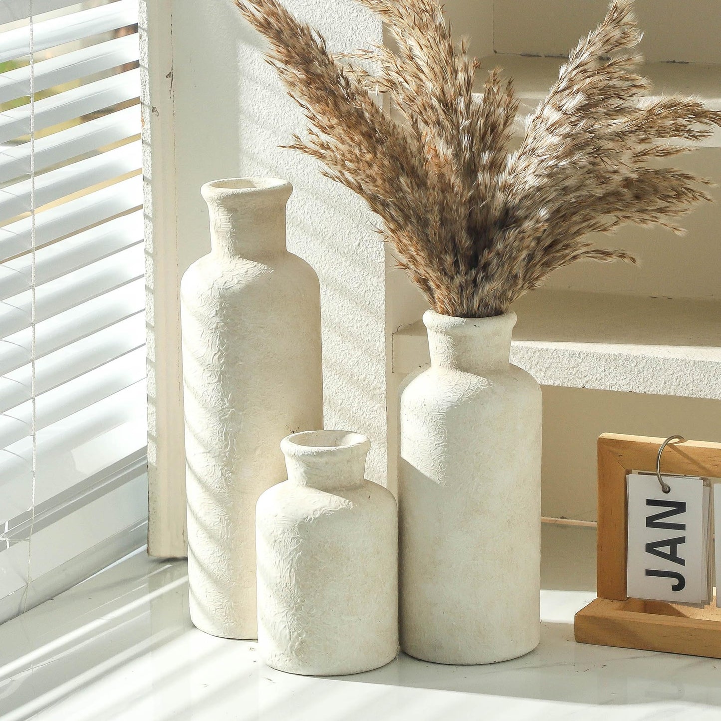 Ceramic Vases Set of 3 – Whitewashed Neutral, Farmhouse Decor