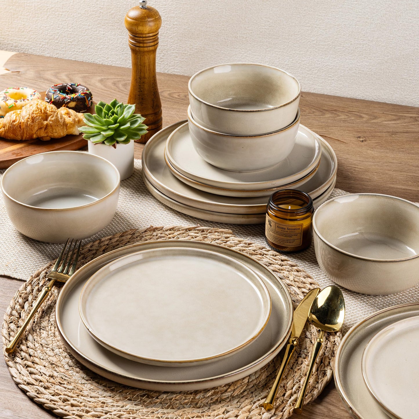 AmorArc Stoneware Dinnerware Set – Reactive Glaze, Service for 8